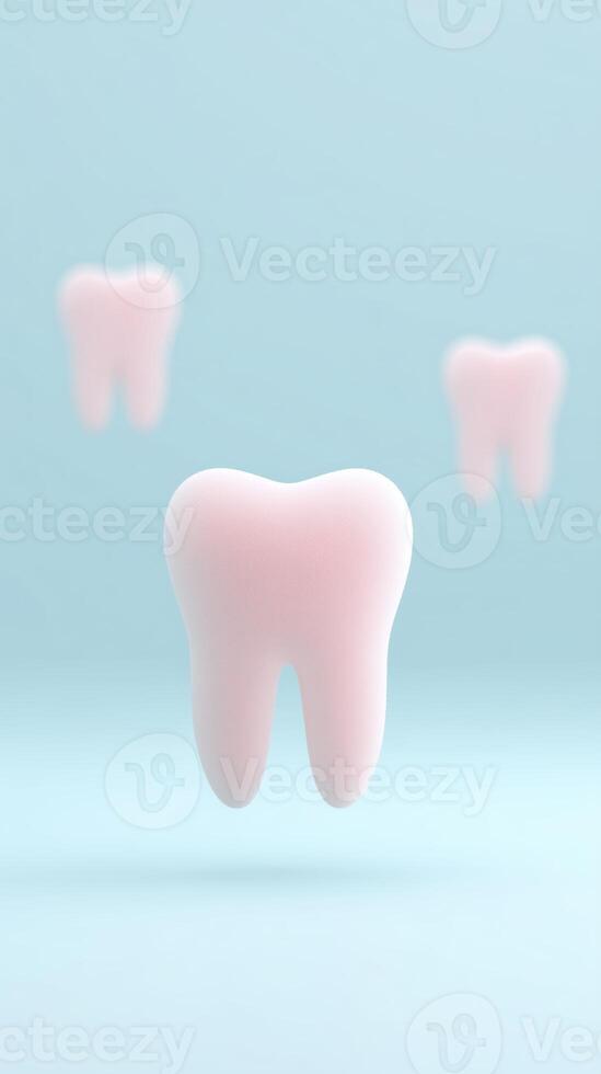 3D illustration of floating pink teeth on a soft blue background, representing dental health and hygiene concepts in a modern design aesthetic photo