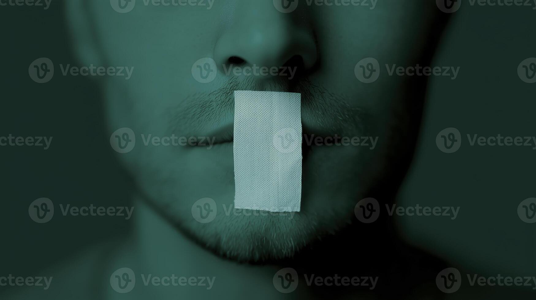 A man with a piece of paper taped to his mouth photo