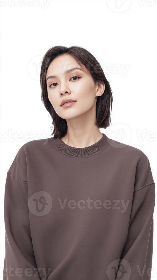 Asian woman in a brown oversized sweatshirt poses confidently against a minimalistic white background with soft lighting showcasing her natural beauty and style photo