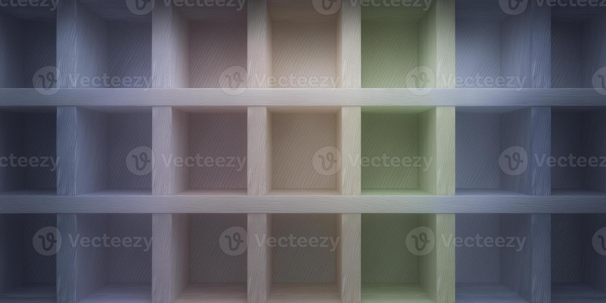Abstract wooden shelf with empty compartments in various shades creating a visually appealing background for design and display purposes photo
