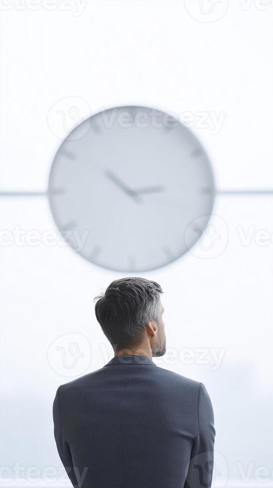 Man in formal attire gazing at large wall clock in modern office space, reflecting on time and productivity in a minimalist environment photo
