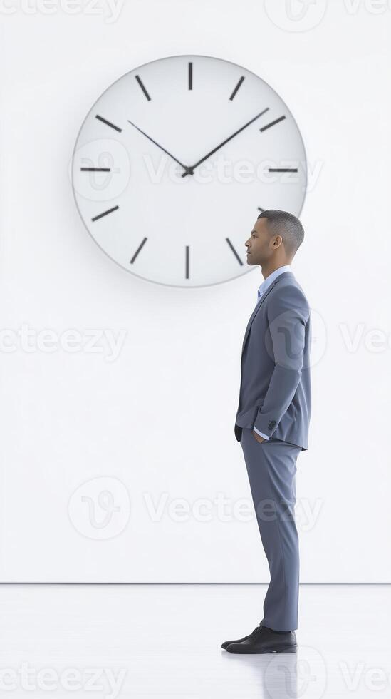 African American man in formal suit standing confidently beside a large wall clock, symbolizing time management and professionalism in a modern office environment photo
