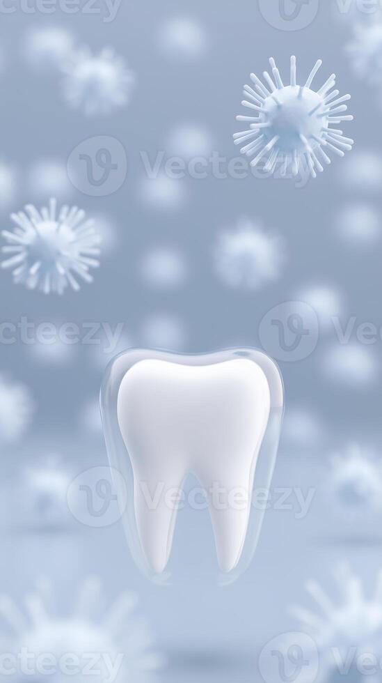 Tooth surrounded by floating bacteria and viruses in a clean, modern dental concept illustrating oral health and hygiene importance for prevention and care photo