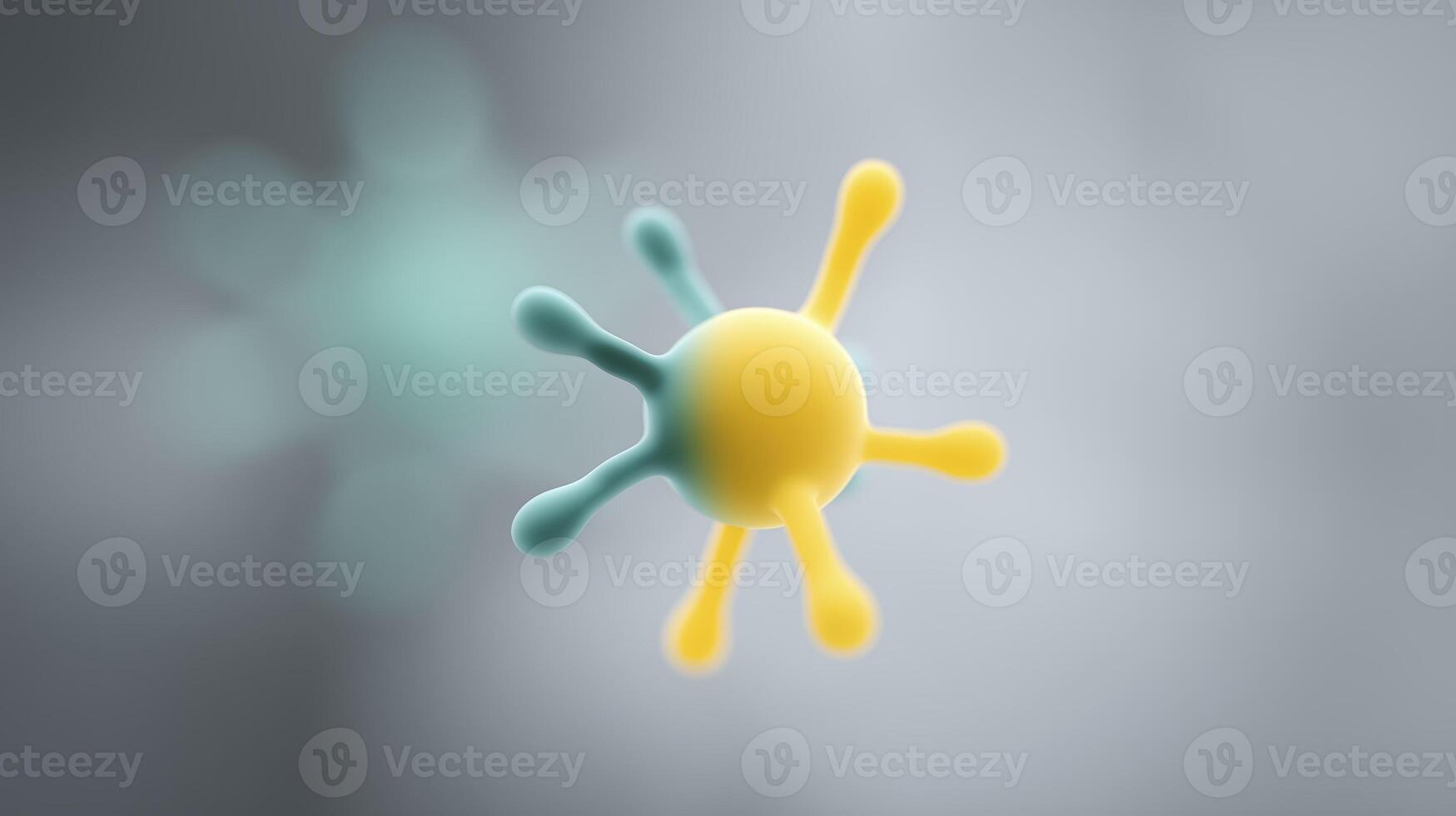 Colorful 3D illustration of a virus structure with yellow and blue elements on a blurred background representing microscopic life and health concepts photo