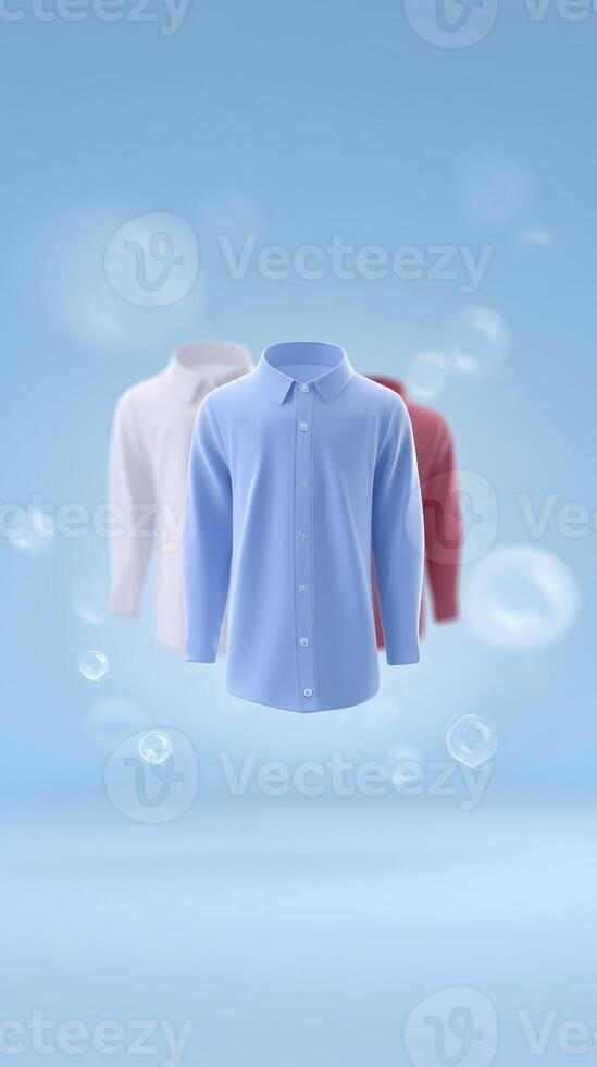 Three stylish shirts in blue, white, and red colors floating against a soft blue background with bubbles creating a fresh and modern atmosphere photo