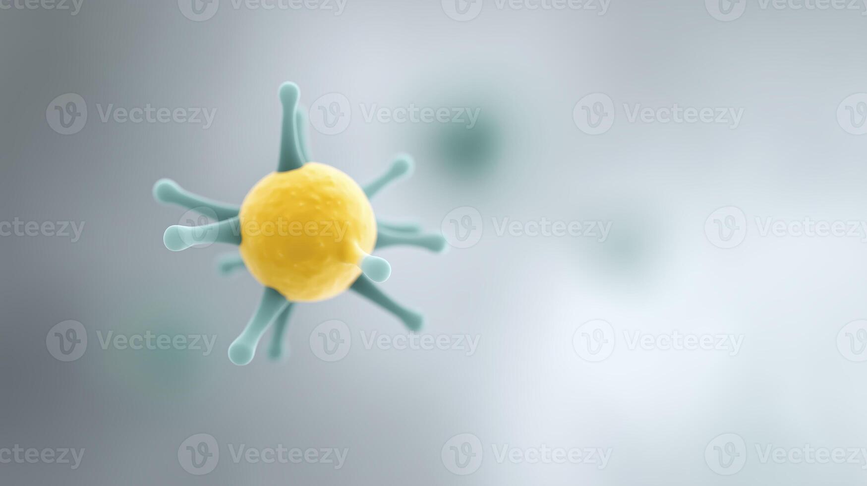 Microbial cell illustration showcasing vibrant yellow structure with green appendages against a soft blurred background representing microscopic environment photo