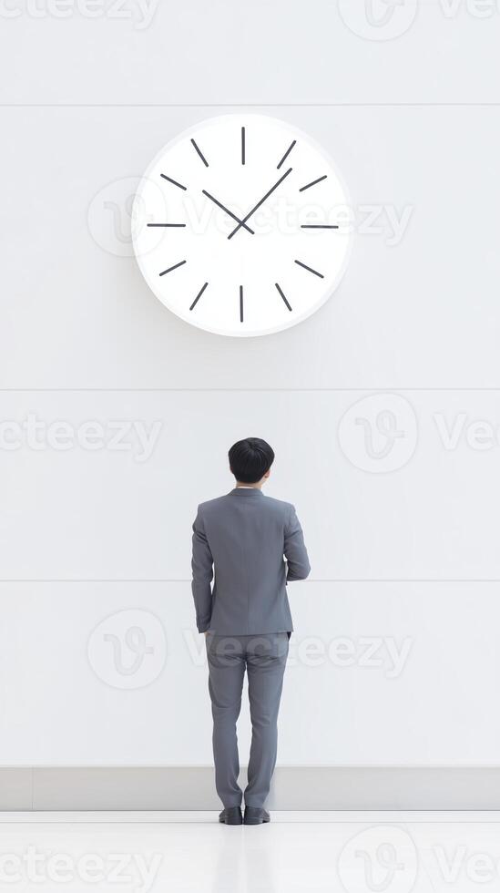 Businessman in gray suit standing in front of large wall clock, contemplating time and productivity in a modern office environment with minimalistic design photo