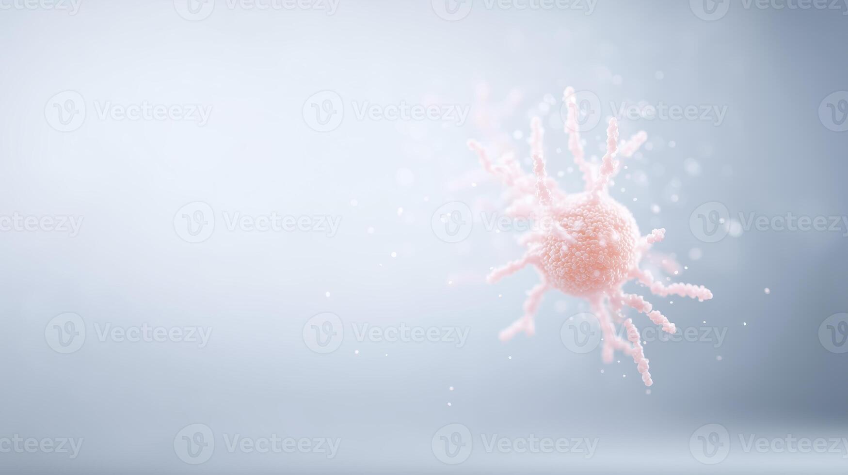 Abstract illustration of a pink virus cell floating in a soft gradient background with copy space for text or graphics photo