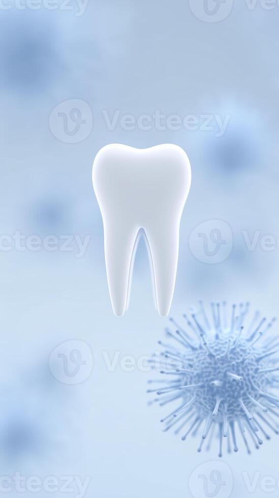 White tooth illustration surrounded by abstract blue bacteria and virus shapes representing dental health and hygiene concepts in a modern design photo