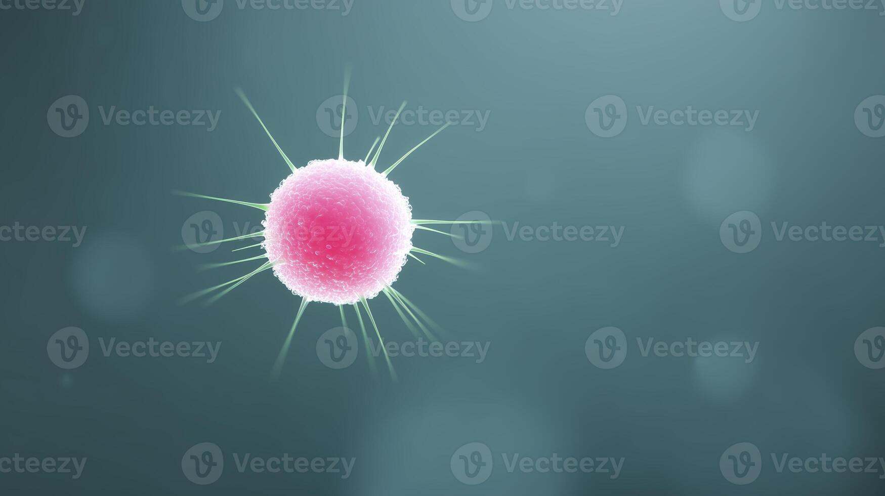 Microscopic view of a vibrant pink cell with protruding spikes against a soft blurred background showcasing biological intricacies and cellular structures photo