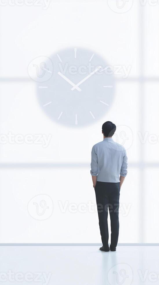 Man standing in a bright, minimalistic space gazing at a large clock on the wall, contemplating time and life decisions in a serene environment photo