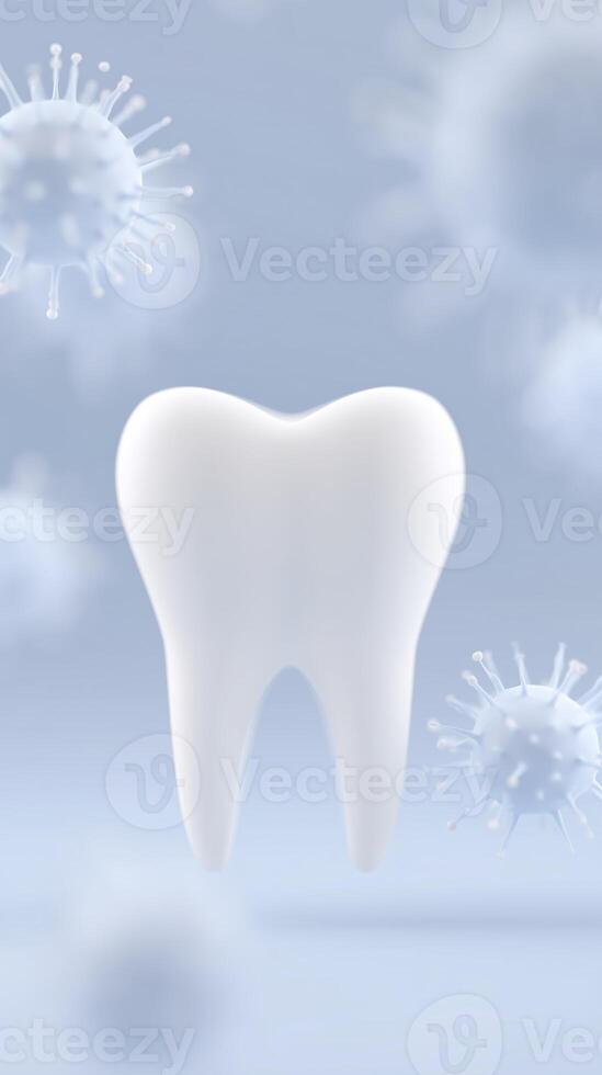 White tooth illustration surrounded by abstract virus particles representing dental health and hygiene in a clean, modern design with soft colors photo