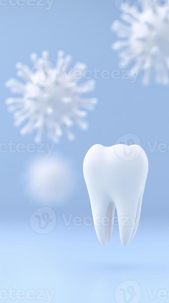 Tooth illustration with floating bacteria and virus elements on a soft blue background representing dental health and hygiene concepts for medical awareness photo