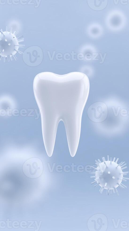 White tooth illustration surrounded by bacteria and viruses on a soft blue background representing dental health and hygiene concepts for medical visuals photo