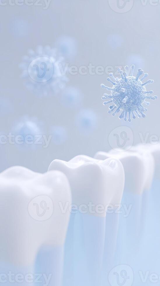 Dental health concept featuring white teeth with floating bacteria and viruses in a soft blue background illustrating oral hygiene and infection prevention photo