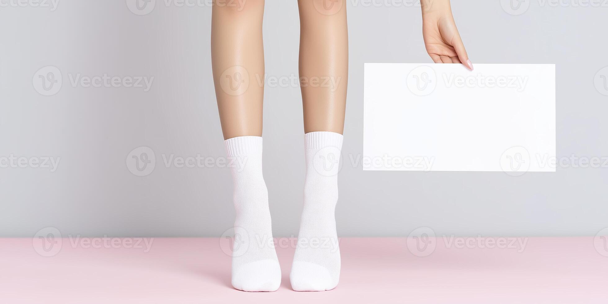 Female legs in white socks holding blank paper in minimalistic studio setting with soft pink floor and neutral background for creative design purposes photo