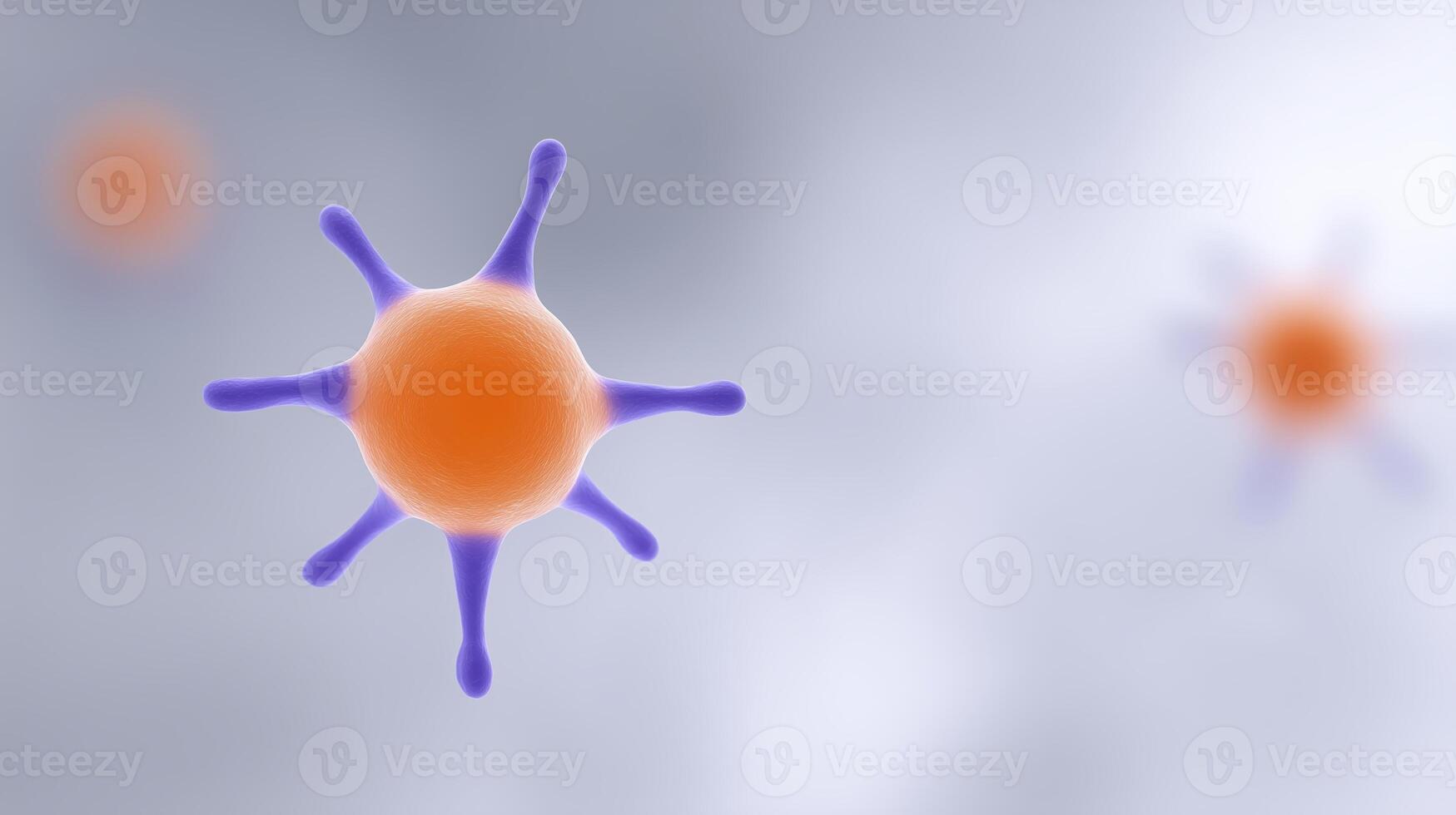 Colorful abstract illustration of microscopic cells with vibrant orange and purple details floating in a soft blurred background representing biological concepts photo