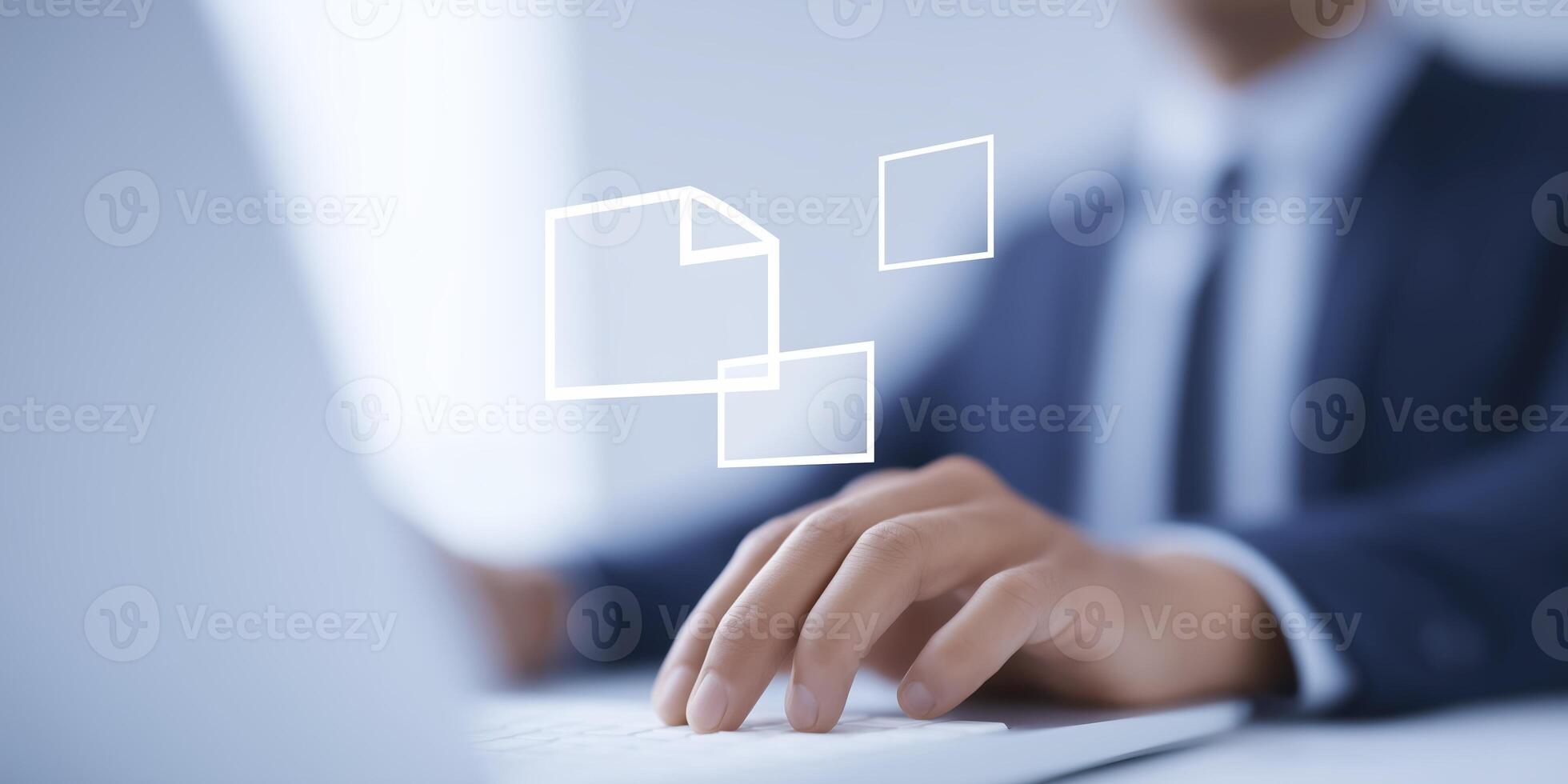 Businessman working on laptop with digital document icons floating above, showcasing modern technology and productivity in a professional environment photo