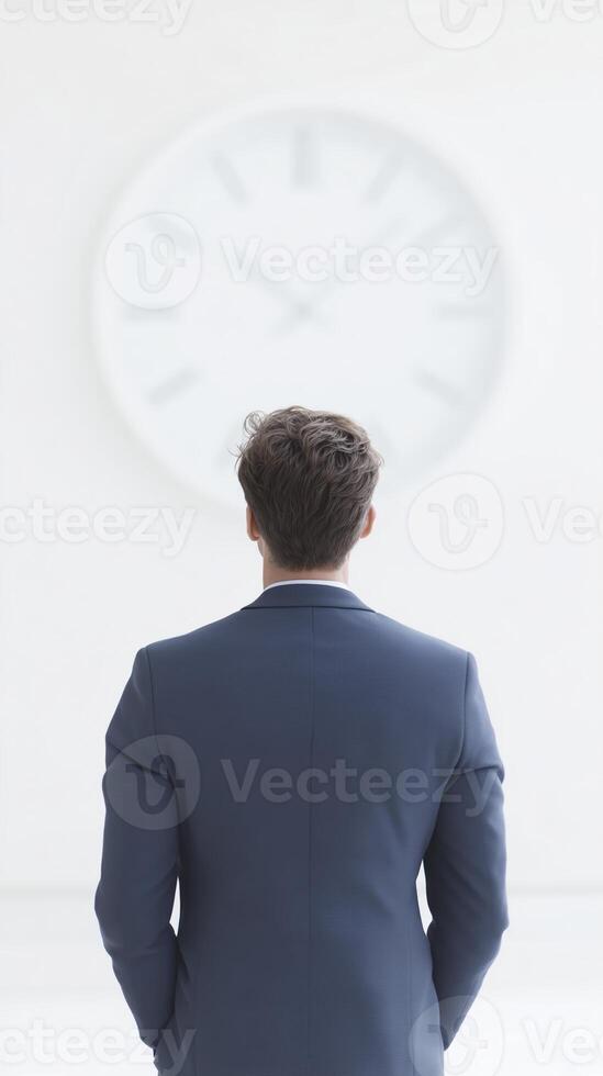 Man in formal suit standing with back to camera, gazing at large wall clock in minimalistic office space, reflecting on time and productivity photo