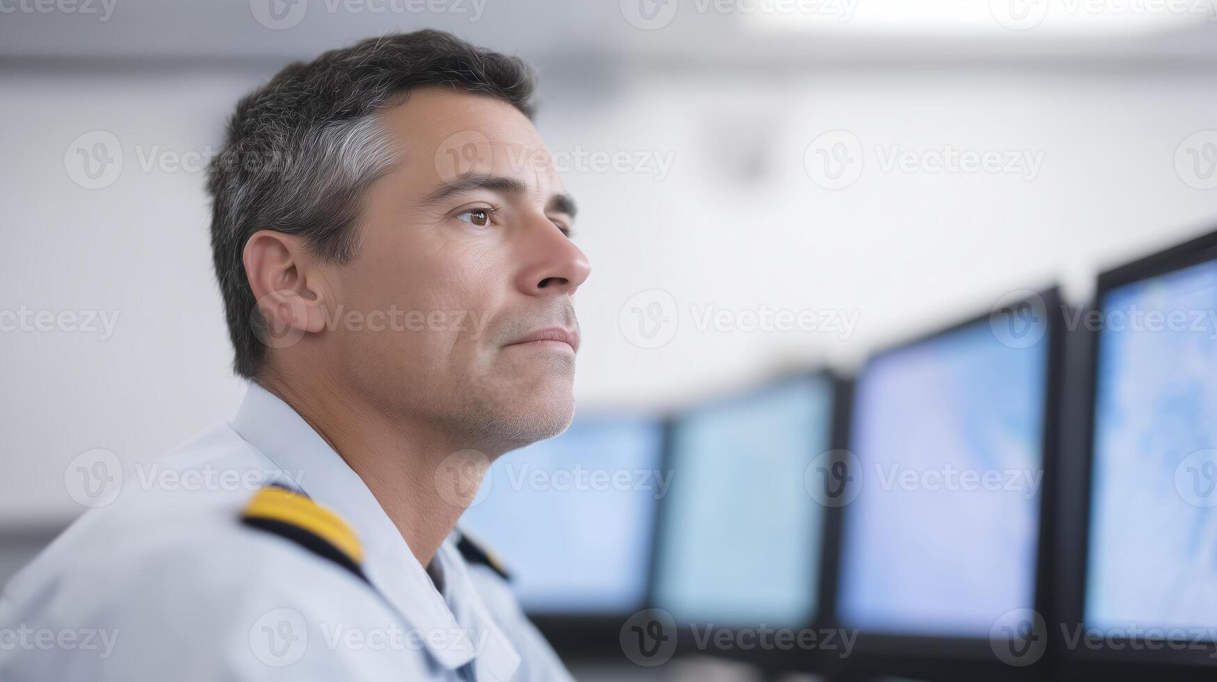A man in uniform is looking at a computer screen photo
