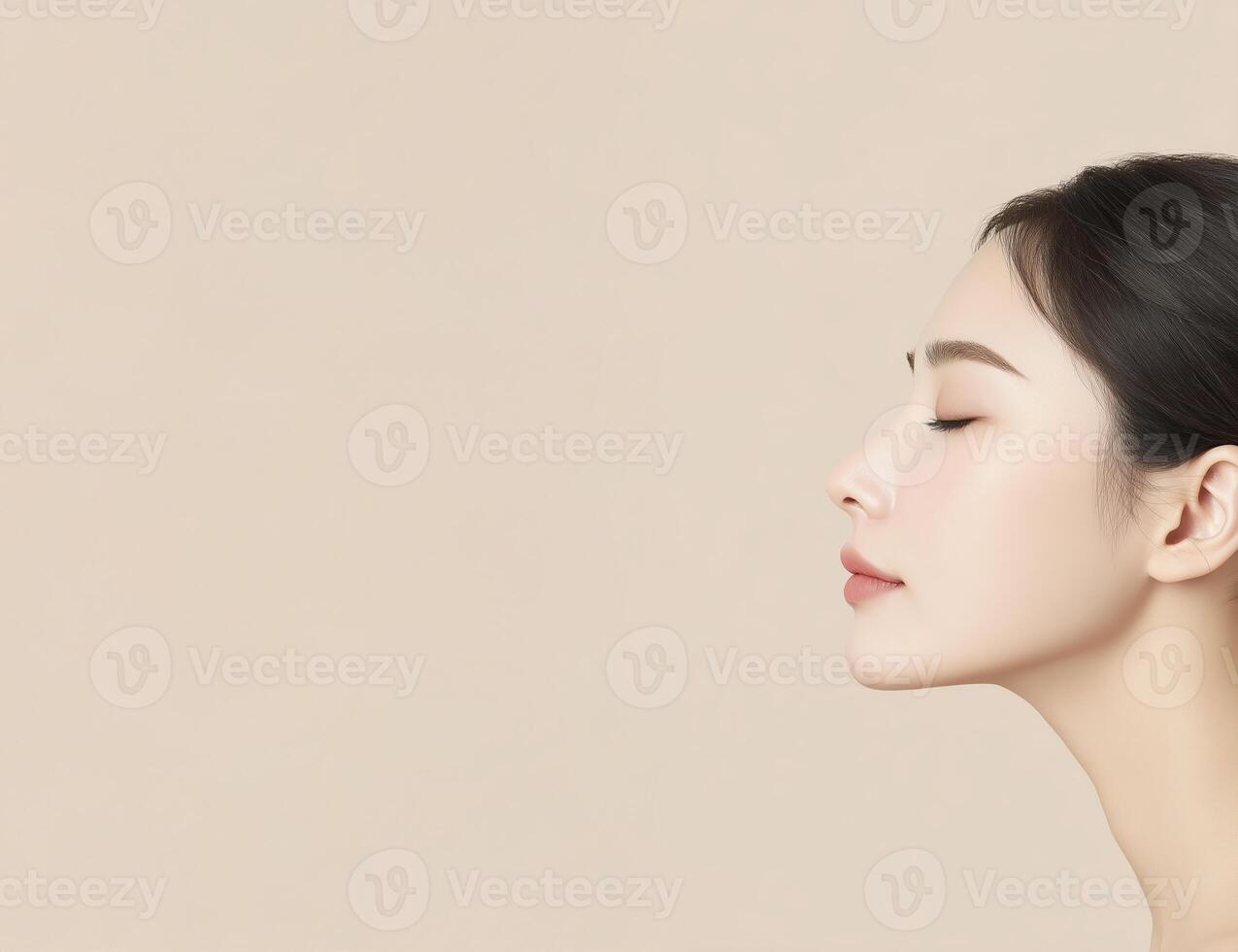Profile view of a serene Asian woman with smooth skin and elegant features against a soft beige background, showcasing beauty and tranquility in a minimalist style photo