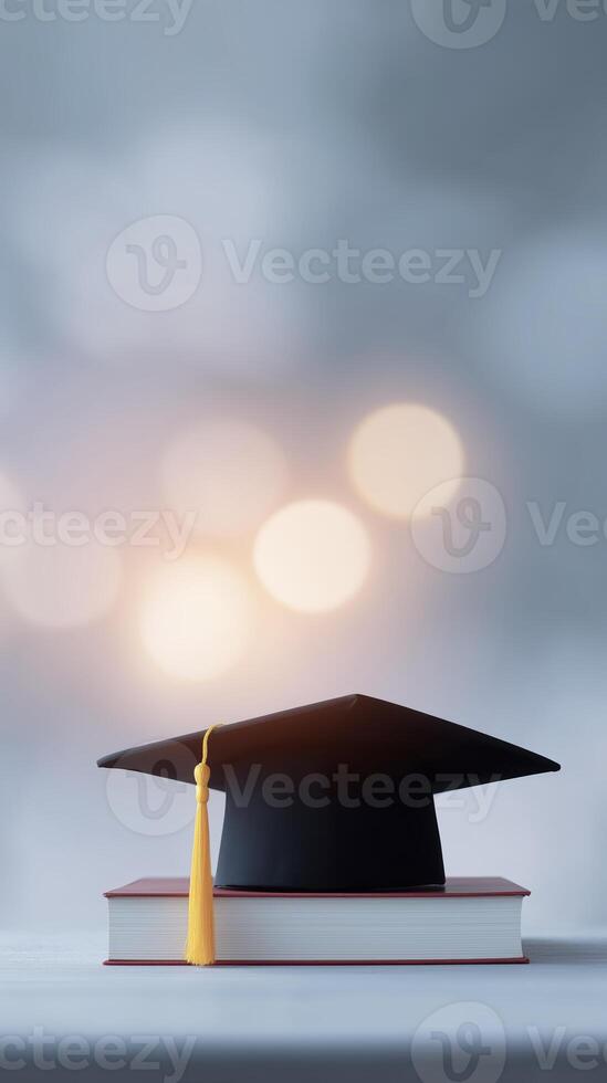 Graduation cap placed on top of stacked books with soft bokeh background creating an inspiring academic atmosphere for educational themes photo