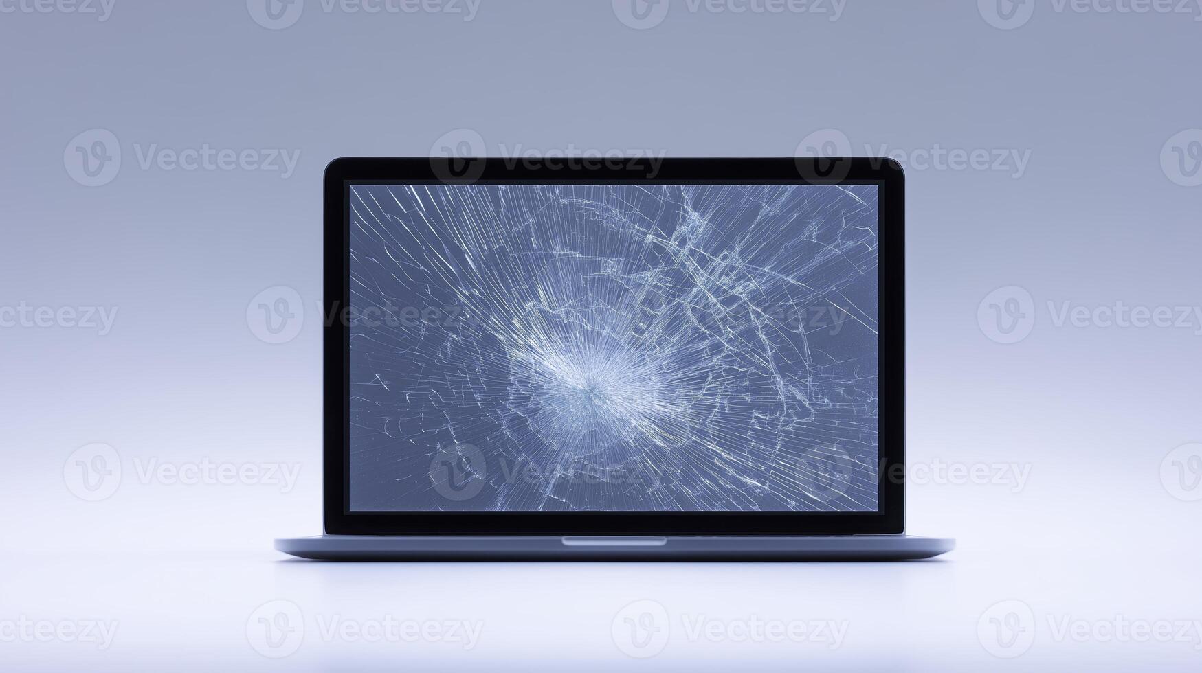 Laptop mock up with cracked screen displaying abstract design on a minimalistic background with soft gradient and copy space for text or graphics photo