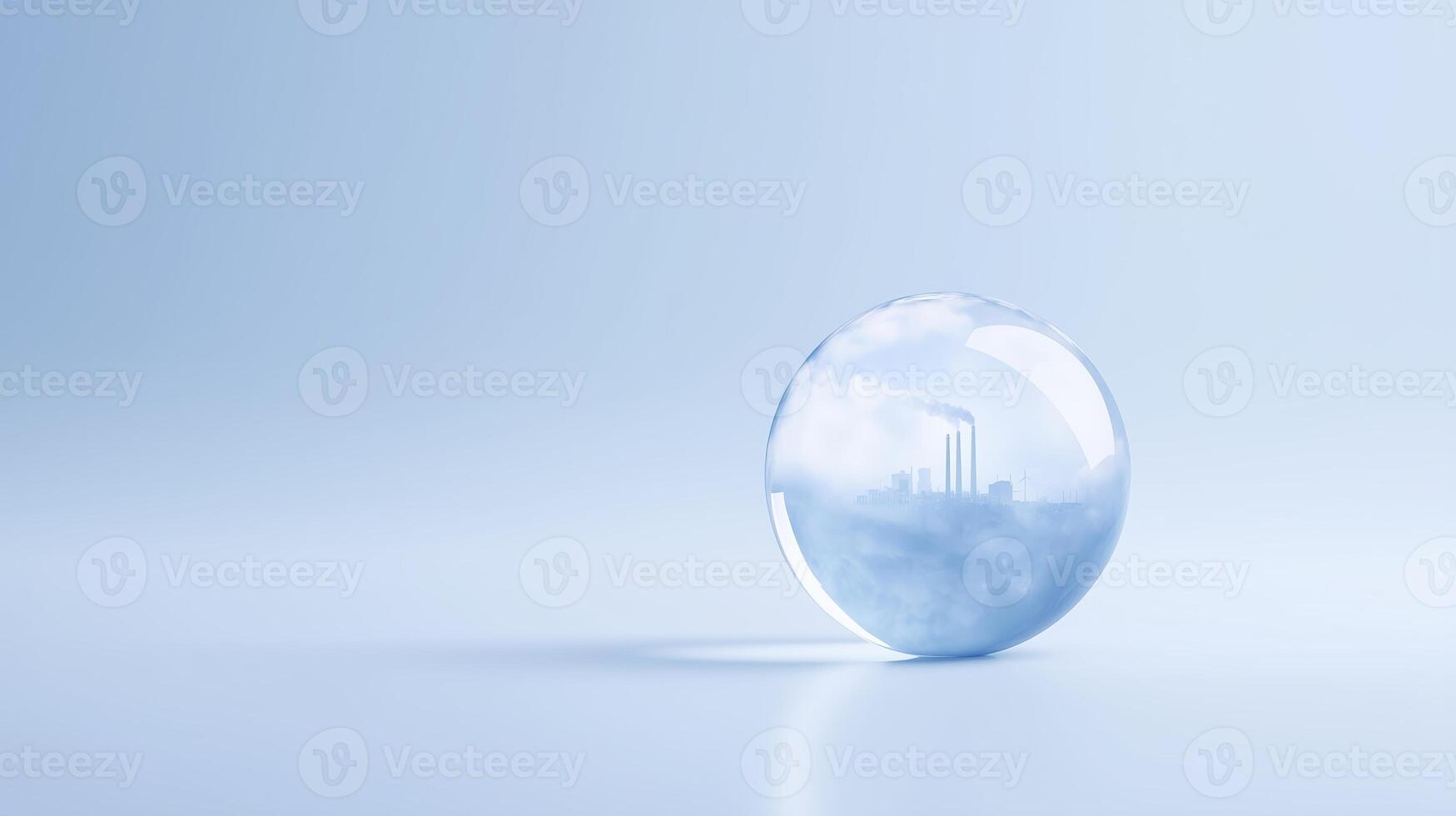 Transparent sphere reflecting industrial landscape with smokestacks, symbolizing environmental concerns and the impact of pollution on nature and society photo