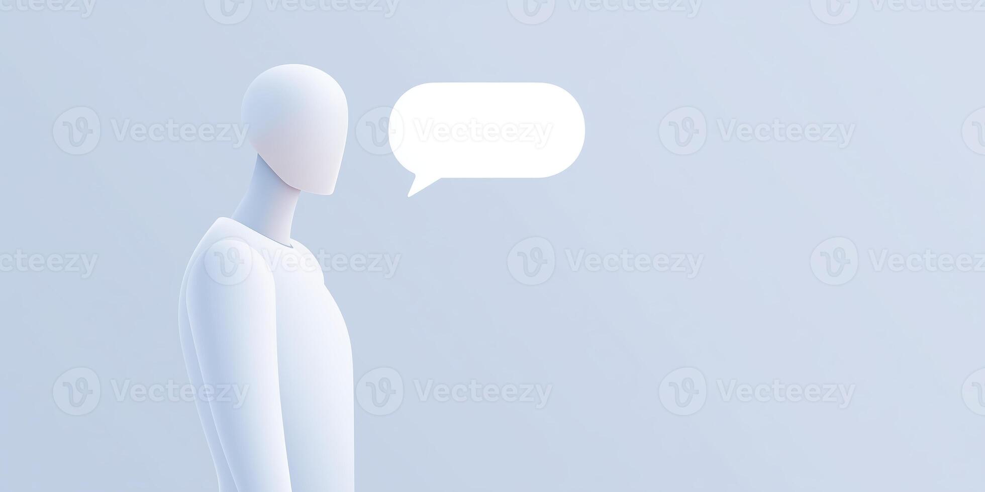 Minimalist 3D illustration of a white mannequin figure with a speech bubble, set against a soft gradient background, symbolizing communication and expression in a modern design context photo