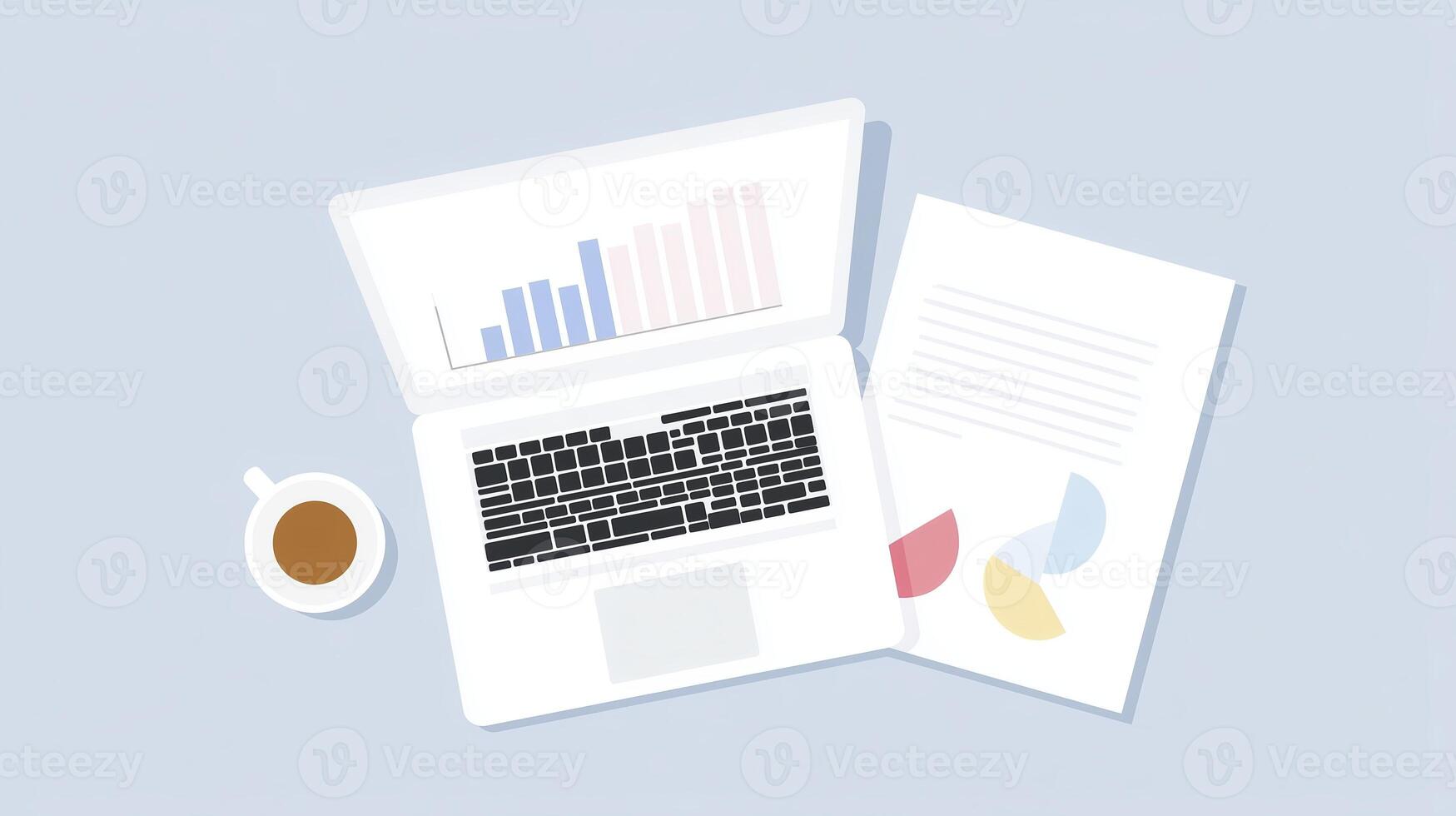 Laptop with open screen displaying graphs and charts, alongside documents and a coffee cup, creating a productive workspace atmosphere for business analysis and planning photo