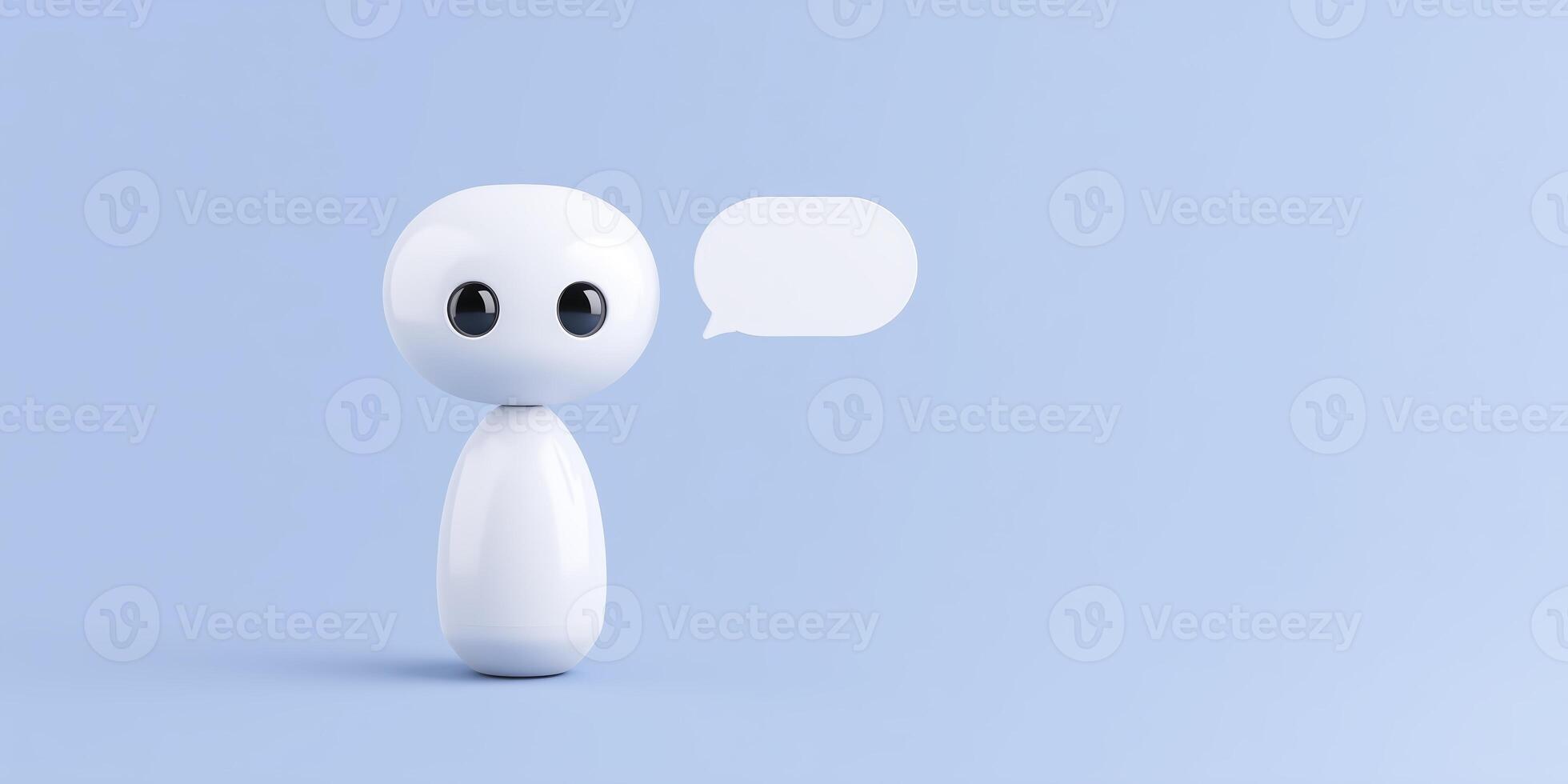 Minimalist 3D illustration of a cute white robot character with large eyes standing against a soft blue background, featuring a speech bubble for communication concepts photo