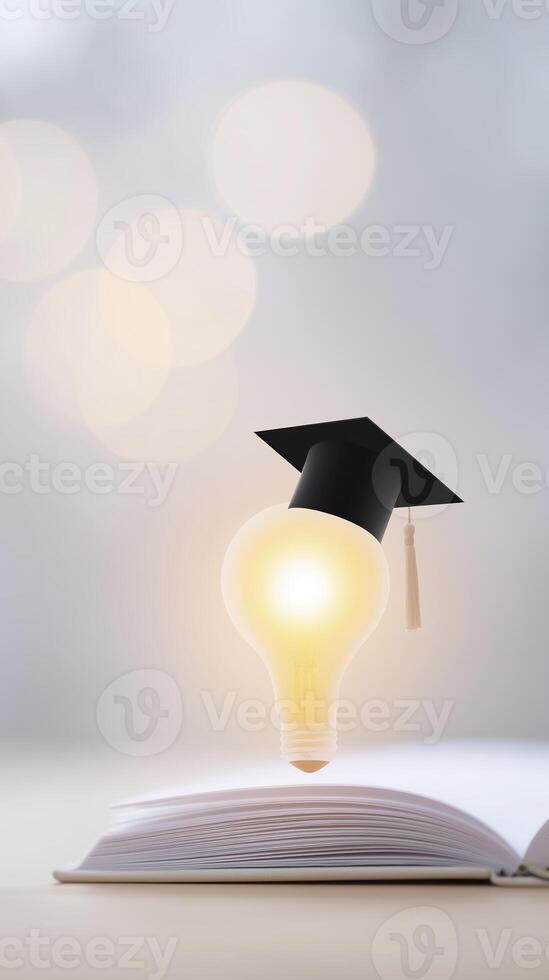 Light bulb wearing graduation cap hovering above an open book with soft bokeh background representing education and inspiration for learning and creativity photo