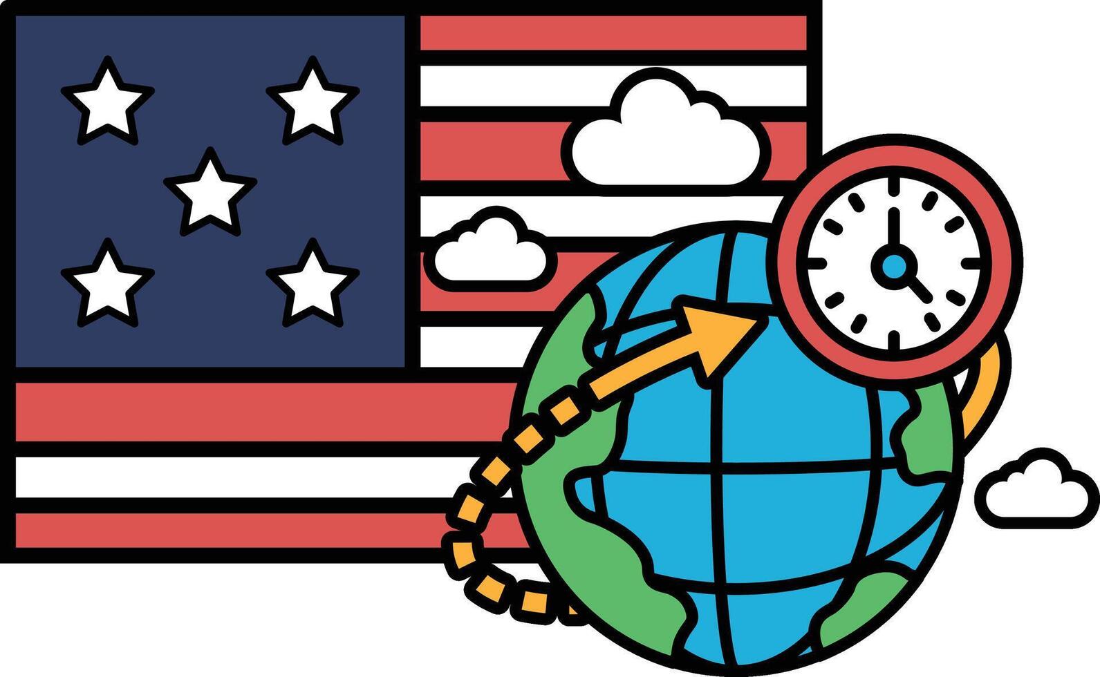 A cartoon of a clock pointing to the number 12 on a globe with the American flag vector