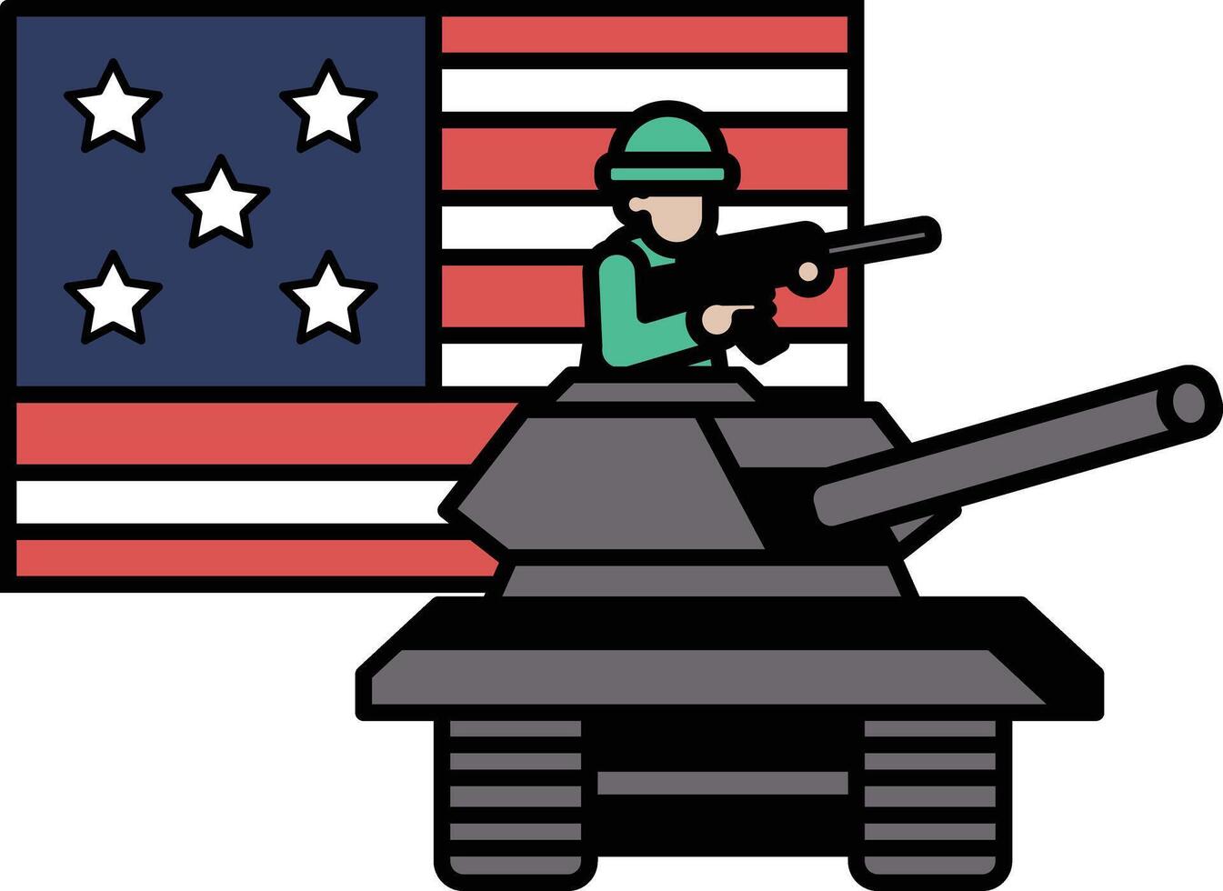 A soldier is riding a tank in front of an American flag vector