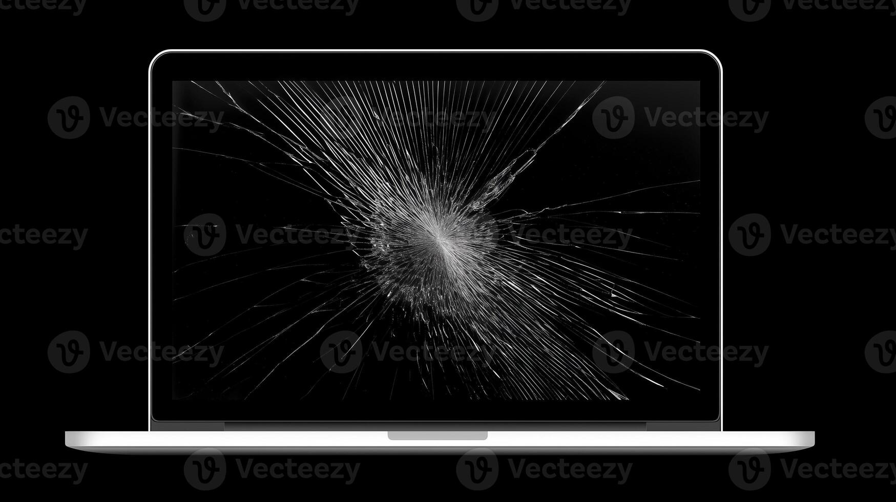 Laptop with cracked screen displaying intricate patterns of shattered glass on a dark background, symbolizing damage and technology failure photo
