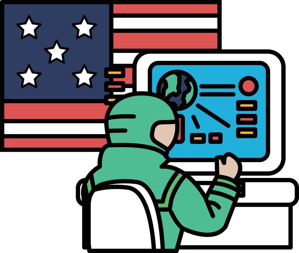 A man in a green suit is sitting in front of a computer monitor with a flag behi vector
