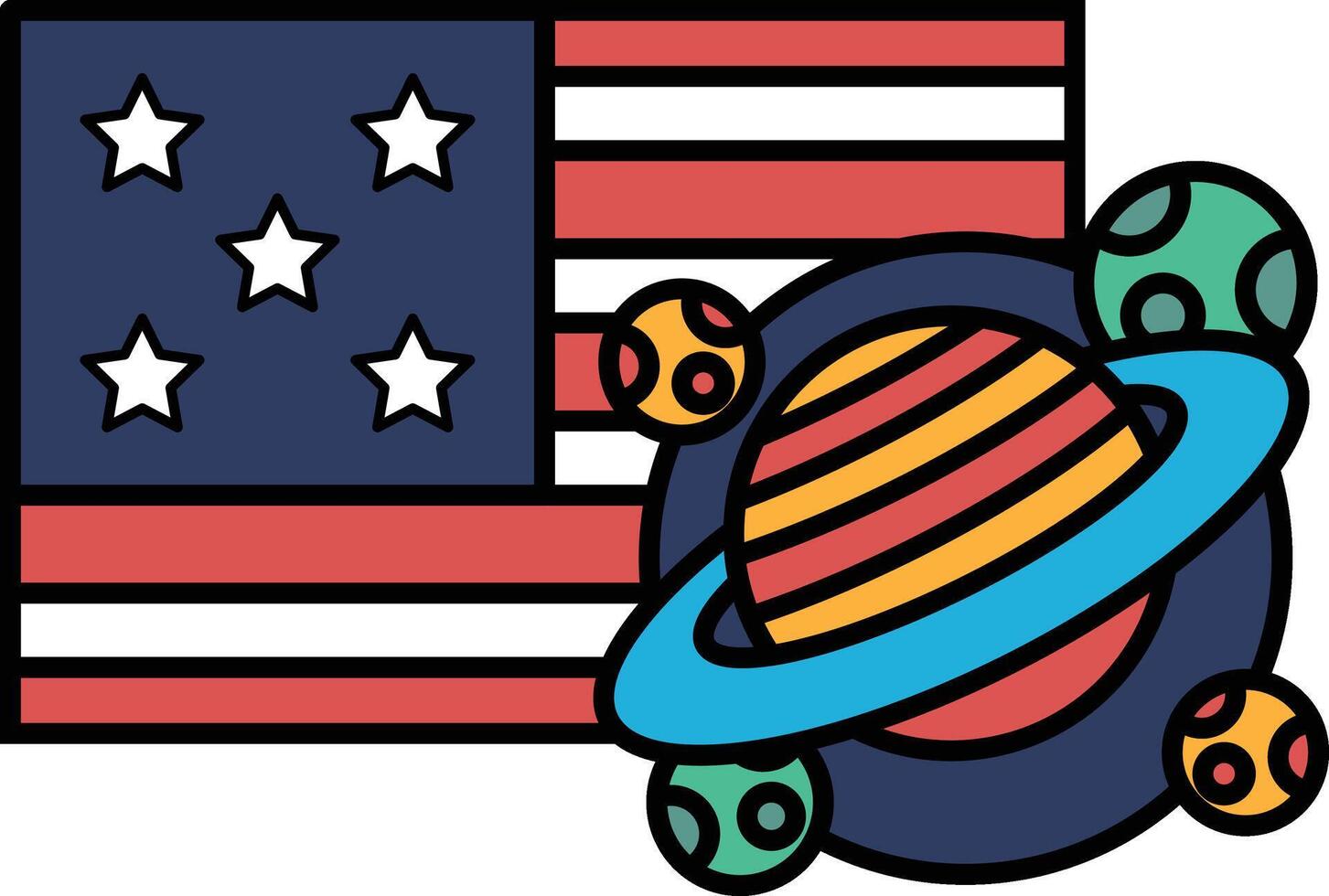 A colorful drawing of a flag with stars and a planet in the background vector