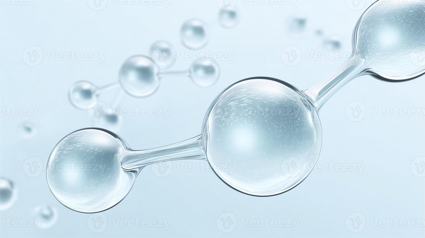 Transparent water molecules floating in a soft blue background, illustrating the beauty of molecular structure and the essence of life in a serene environment photo