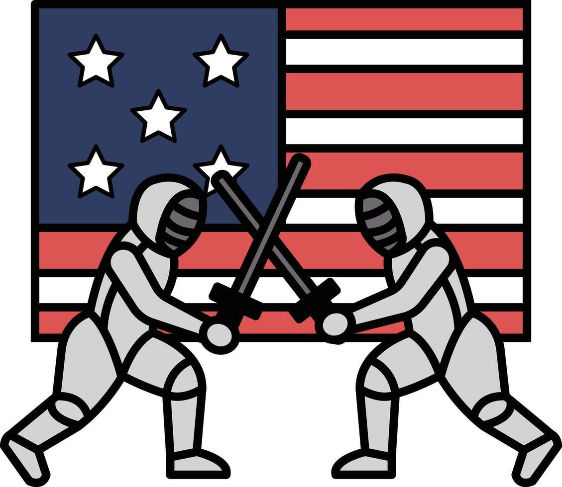 Two men are fencing in front of an American flag vector