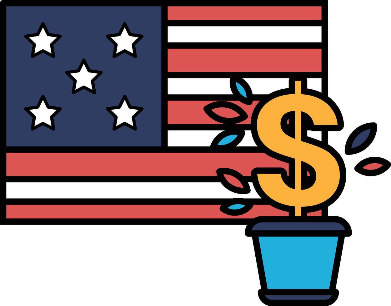A dollar sign is planted in a pot next to the American flag vector