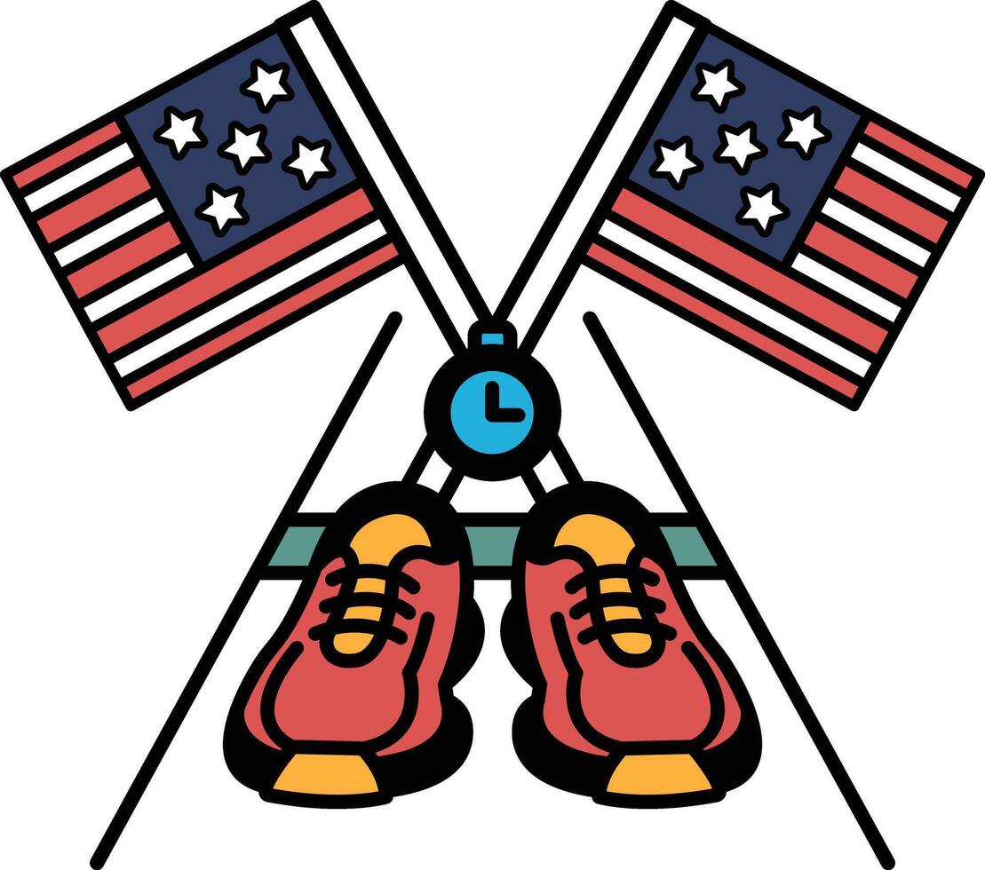 A pair of red running shoes are on a white background with two American flags vector