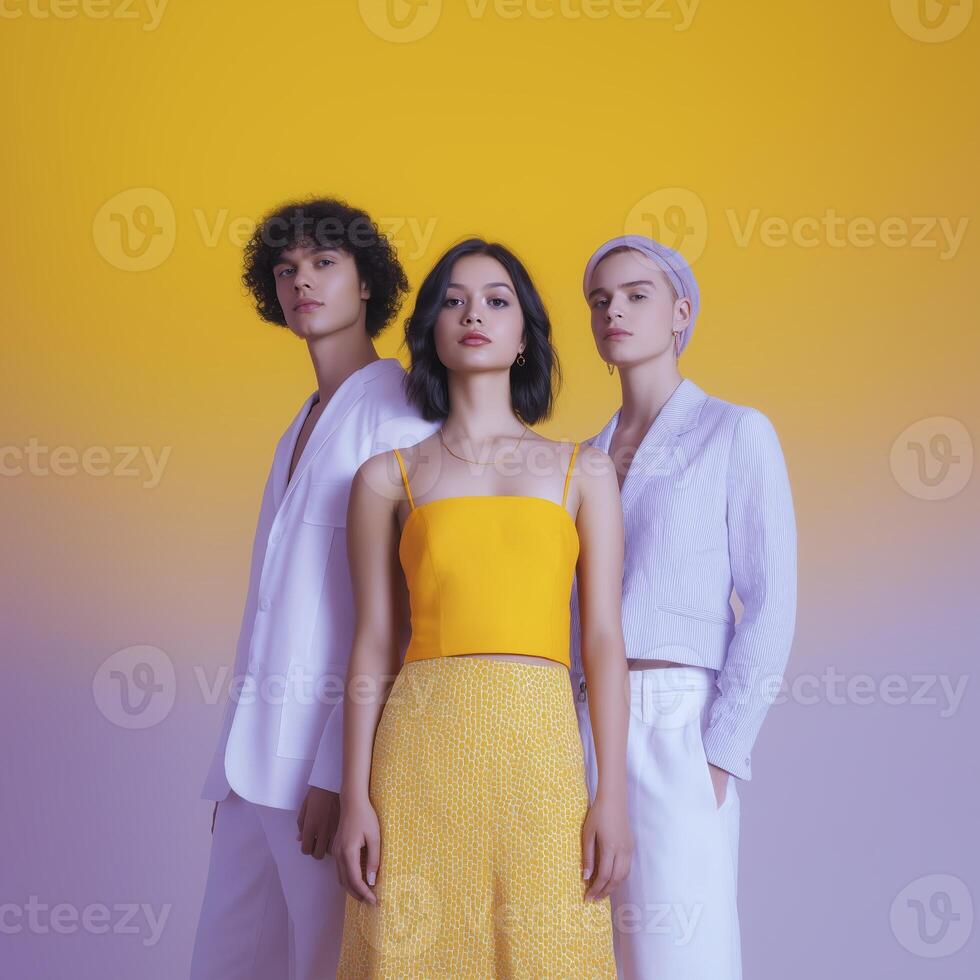 Group of three stylish individuals posing confidently against a vibrant yellow background showcasing modern fashion trends and diverse styles in a contemporary setting photo