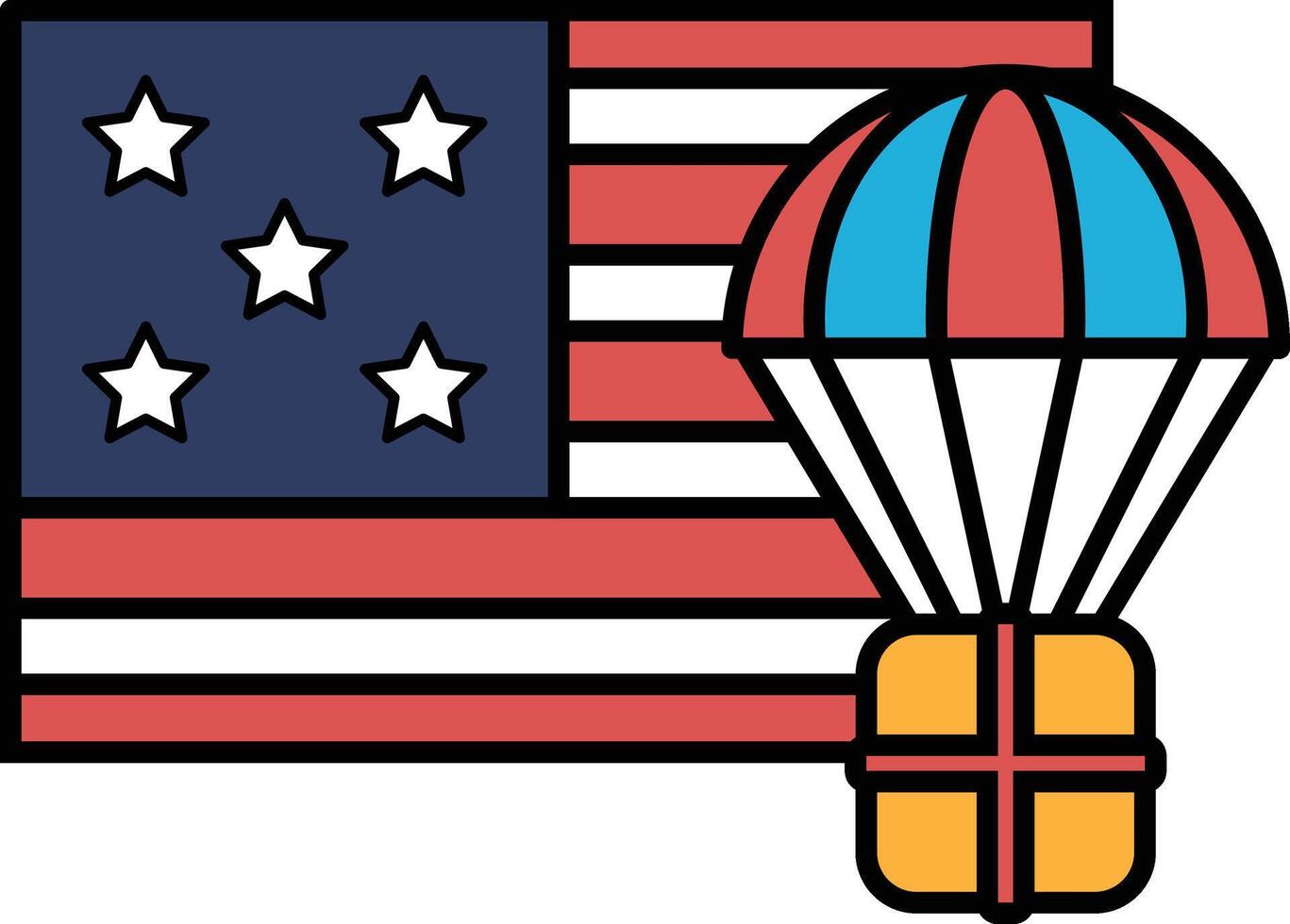 A red, white and blue American flag with a blue and white parachute on top vector