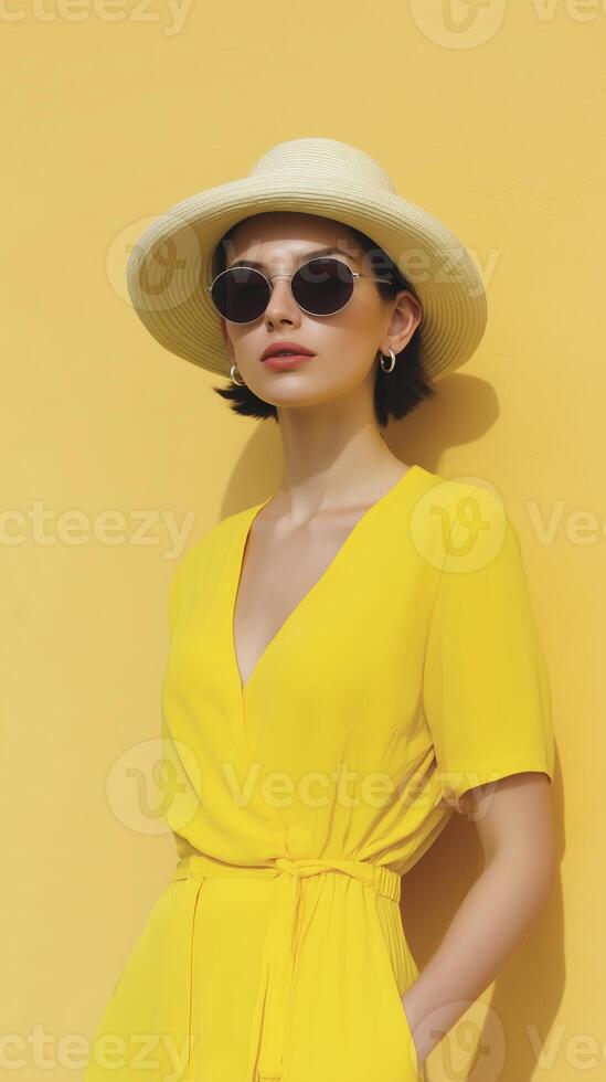 Stylish woman in a vibrant yellow dress and wide-brimmed hat poses against a bright yellow background, exuding confidence and summer vibes with sunglasses photo