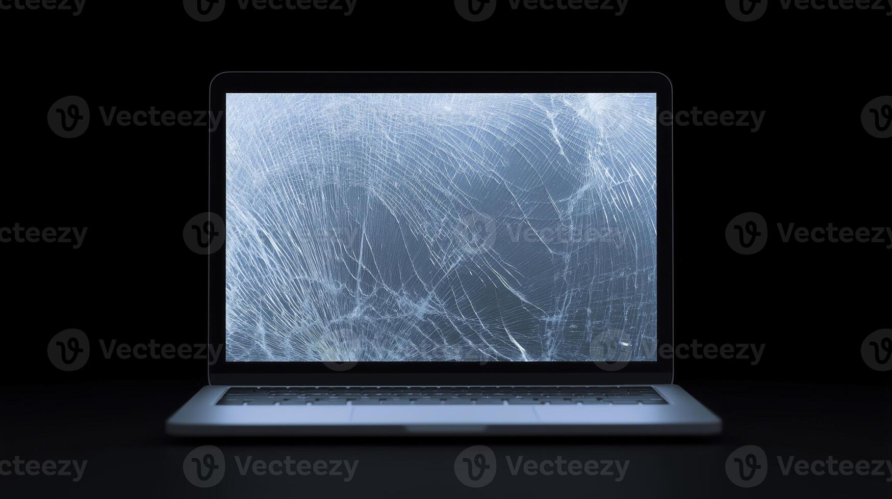 Laptop mock up with cracked screen displaying intricate web of fractures against a dark background, ideal for design and technology concepts photo