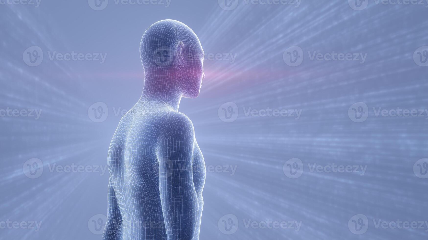 3D illustration of a human figure composed of digital wireframe, standing in a futuristic environment with light rays emanating, representing technology and human connection photo