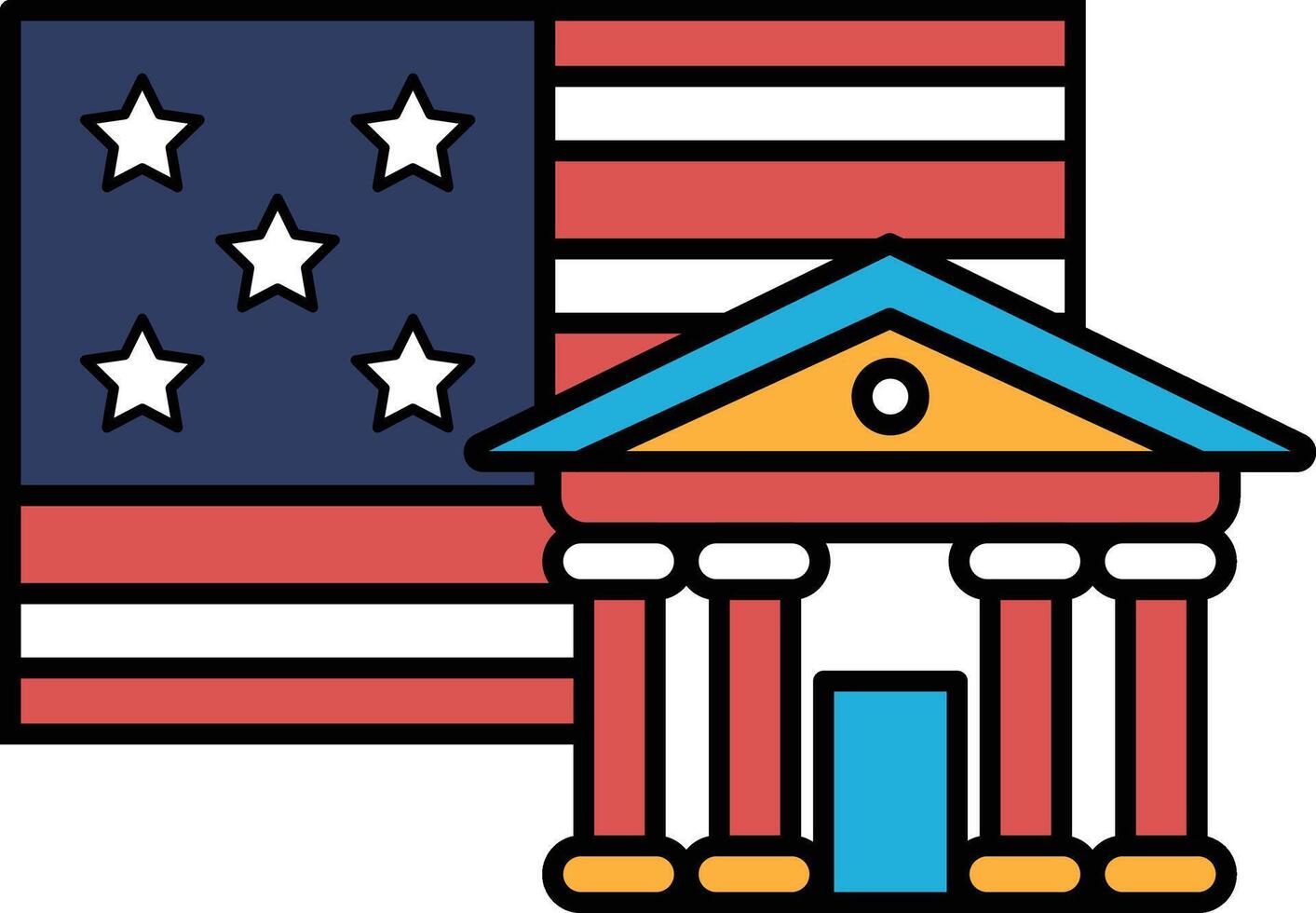 A red, white and blue American flag with stars and a building in the background vector