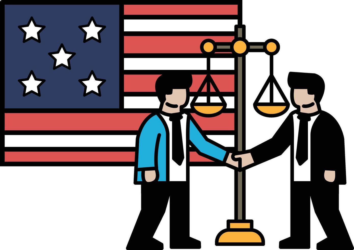 Two men shaking hands in front of the American flag vector