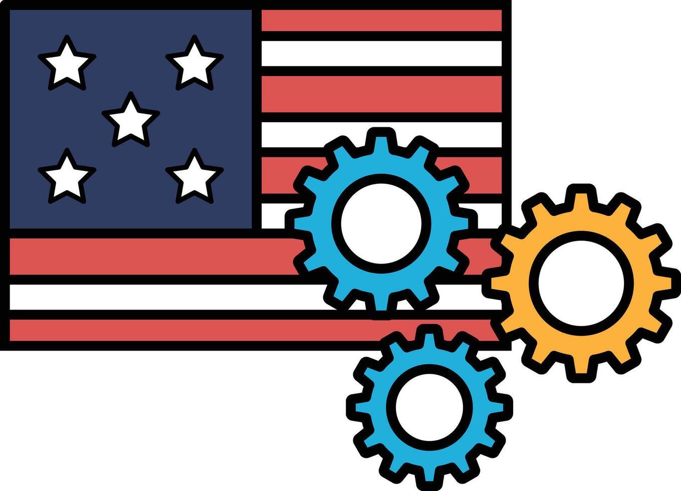 A cartoon of the American flag with three gears on it vector