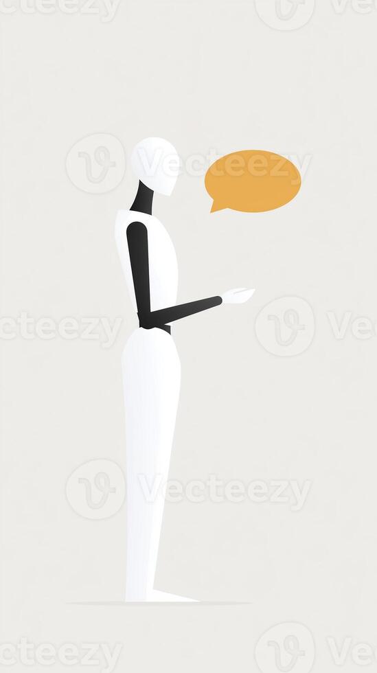 Minimalist illustration of a white mannequin figure with black arms, standing in profile, holding a speech bubble, conveying communication and expression in a modern design context photo